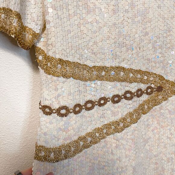 Vintage RARE Patra Iridescent Sequined White & Gold Beaded 100% Silk Dress Size - Picture 4 of 11